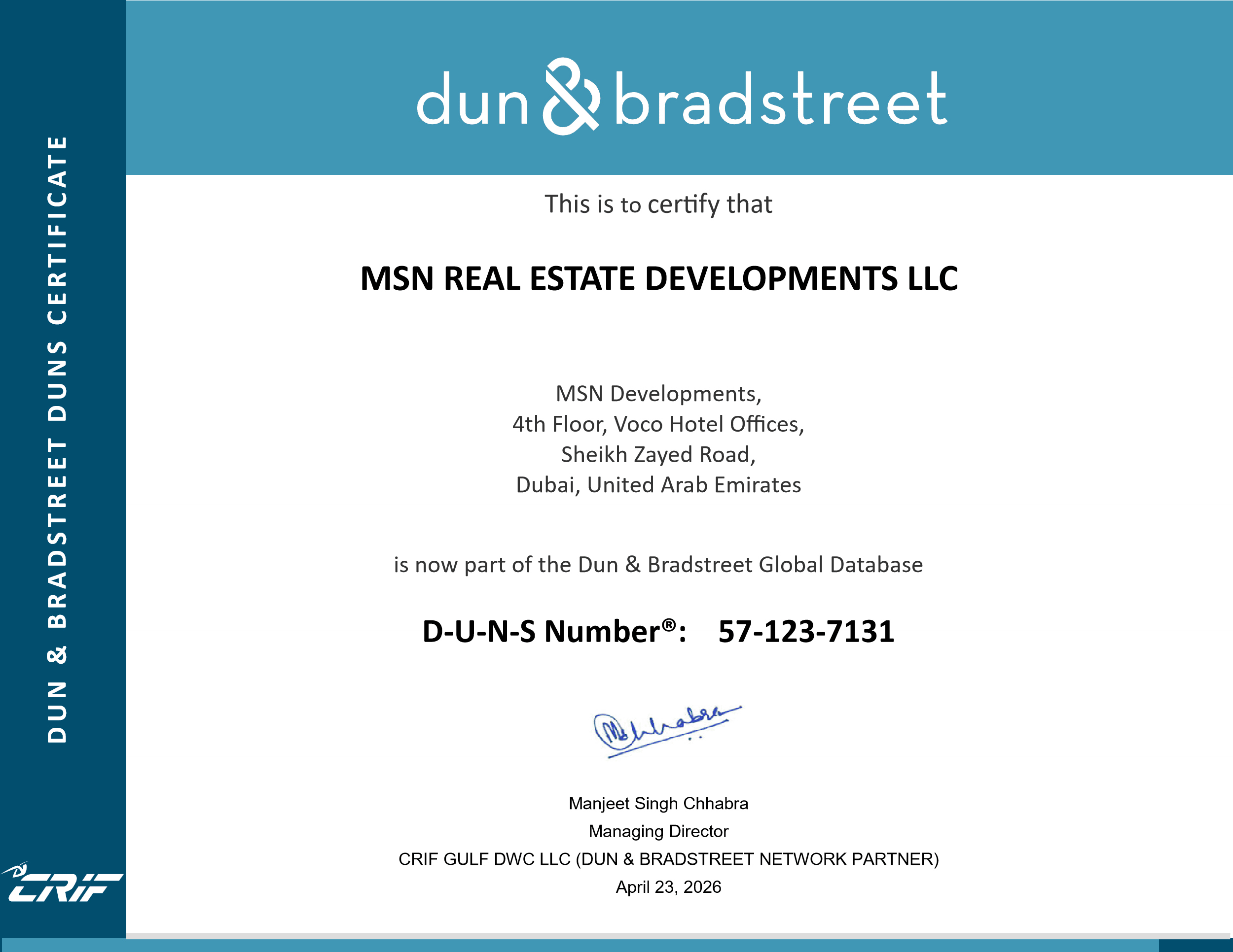 MSN Real Estate Developments LLC - BRR Certificate